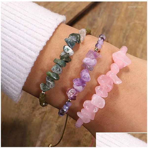 Pulseras con dijes Cuentas de cristal hechas a mano Piedra de grava natural Amatistas Chips de turquesa Pulsera Brazalete para mujeres Hombres Joyería Regalo Gota Otrup