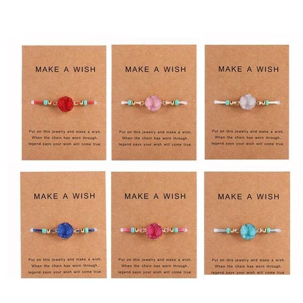 Pulseras con dijes Pulsera de piedra de resina Druzy hecha a mano Hacer una tarjeta de deseo Cuerda de cera Brazaletes trenzados con cuentas de arroz para mujeres Niñas Joyería Otyhk