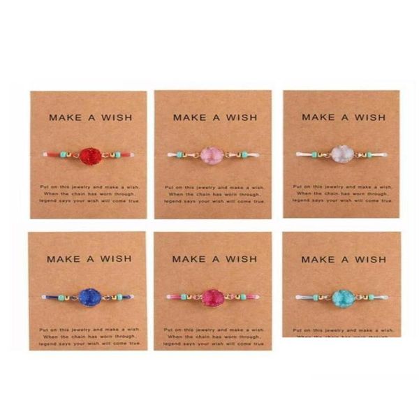 Pulseras de encanto Hecho a mano Druzy Resina Pulsera de piedra Haga una tarjeta de deseo Cuerda de cera Brazaletes trenzados con cuentas de arroz para mujeres Niñas Drop Deli DH28Q