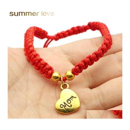 Pulseras con dijes Corazón hecho a mano Mamá Pulsera trenzada Cuerda de hilo rojo Te amo Cuerda para regalos del día de la madre Joyería Mujeres Drop Delive Otryf