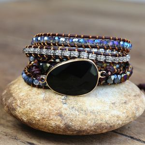 Bracelets porte-bonheur bijoux faits à la main en cuir noir Onyx Mix 5 brins tissé Wrap femmes perles bohême 230215