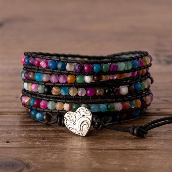Bracelets porte-bonheur faits à la main multi couleurs Onyx Agate 5 Wraps Bracelet Boho Wrap Around perles de cuir cadeau d'amitié en gros DropCharm