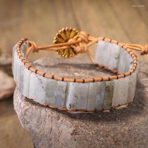 Bedelarmbanden handgemaakte Natrul steen licht labradoriet enkele Boho lederen wikkelarmband semi-kostbare kralen manchet