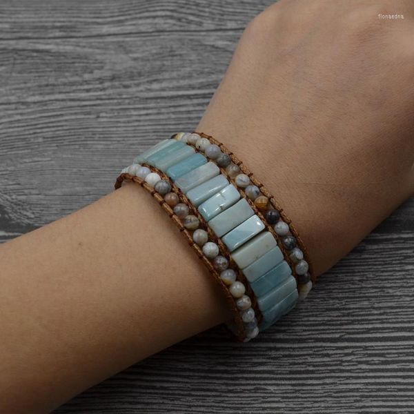 Bracelets porte-bonheur fait à la main pierre naturelle cuir chaîne Bracelet Bracelet pour femmes hommes mat Amazonite brin manchette bijoux cadeau