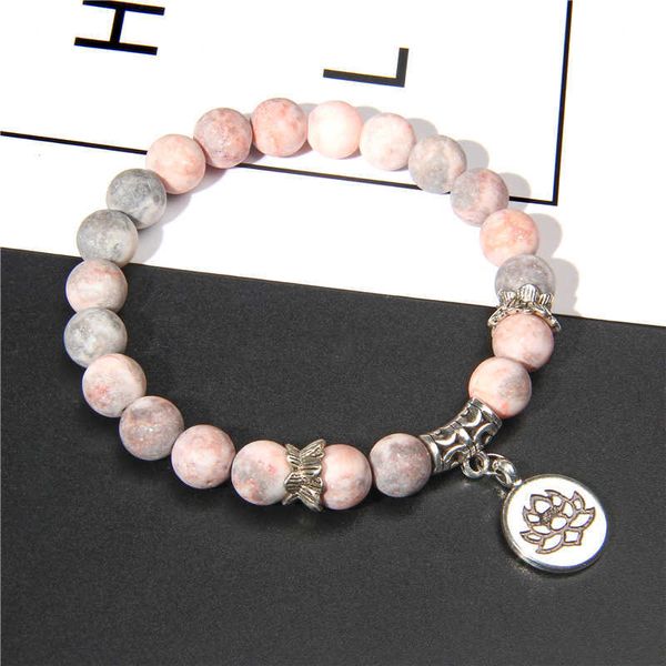 Pulseras con dijes Piedra natural hecha a mano Lotus Ohm Buddha Beads Pulsera Pink Zebra Stone Lotus Charm Bracelet para Mujeres Hombres Yoga Joyas Regalos AA230403