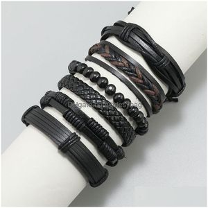 Bracelets de charme à la main corde en cuir tressé Mtilayer en bois perlé ensemble de bijoux réglable mâle bracelet livraison directe Dhh07