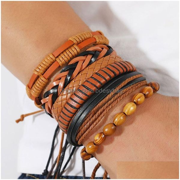 Bracelets de charme Corde à la main en cuir tressé Mtilayer en bois perlé ensemble de bijoux réglable décor bracelet pour hommes livraison directe Dhr2J