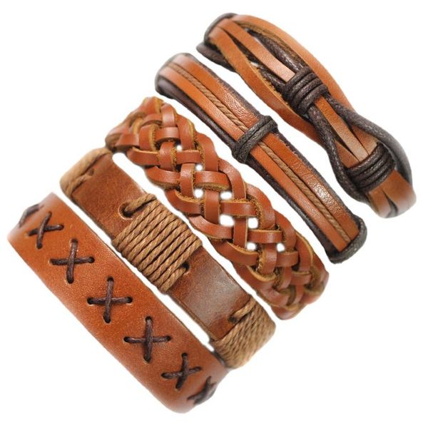 Bracelets porte-bonheur faits à la main en gros 5 pièces/ensemble en cuir marron femmes bracelet homme bracelet Wrap hommes bijoux F75Charm