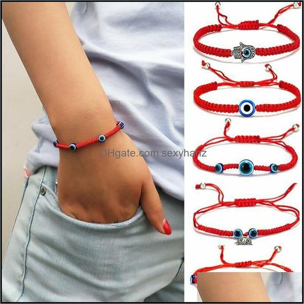 Bracelets de charme Bracelet tissé à la main Lucky Kabh Fil de chaîne rouge Hamsa Bleu Turc Evil Eye Bijoux Fatima Jolie 4 Drop Livraison Otpjc
