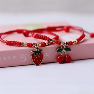 Pulseras de encanto tejidas a mano fresa cereza linda cuerda roja amistad joyería para niñas dulce fruta colgante accesorios regalos de moda