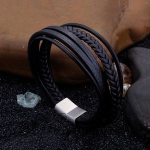 Bracelets de charme Haoyi Fashion Black Brown Bracelet en cuir véritable en acier inoxydable Fermoir magnétique multicouche tissé bijoux pour hommes