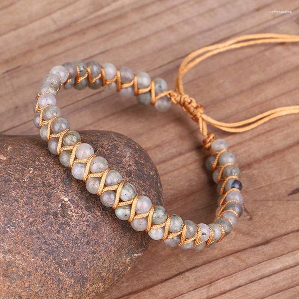 Pulseras con abalorios, piedra natural curativa, piedra lunar, brazalete trenzado, pulsera de labradoritas grises para mujer, joyería de Yoga para mujer, bohemio