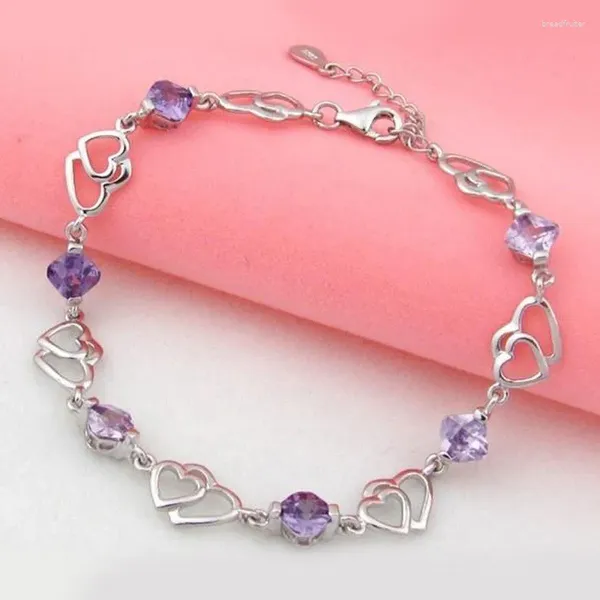 Pulseras con dijes, pulsera con forma de corazón, joyería hueca para mujer, enlace para niñas, chapado en plata, bonito regalo