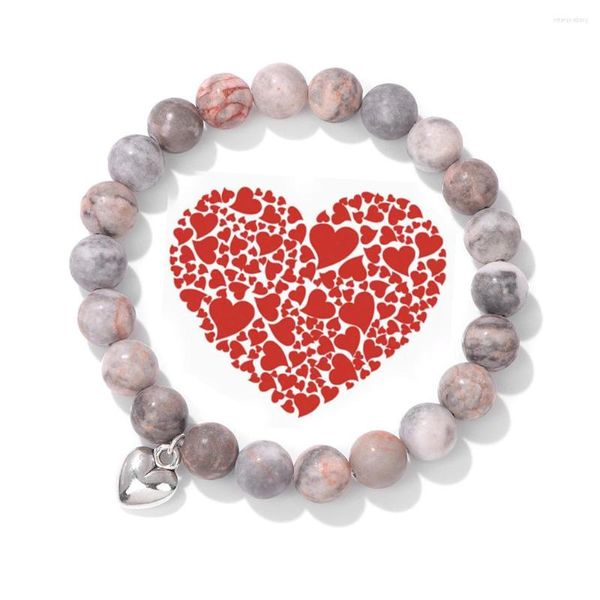 Pulseras con abalorios, pulsera de corazón, cuentas de piedra de cebra rosa para mujeres, hombres, pareja, Color plata, colgante de amor, brazaletes, regalo de joyería