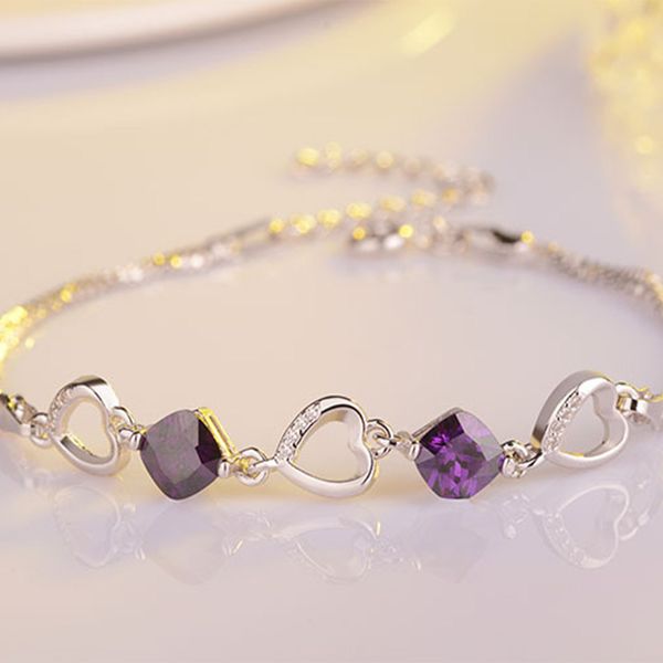 Bracelets porte-bonheur coeur connecté femmes Fine argent véritable Double Bracelet couleur bijoux originaux violet pierre ZirconCharm