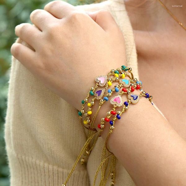 Bracelets de charme en forme de coeur Zircon émail pendentif à la main perles de rocaille tissé main corde amitié bracelet pour femmes bijoux cadeau
