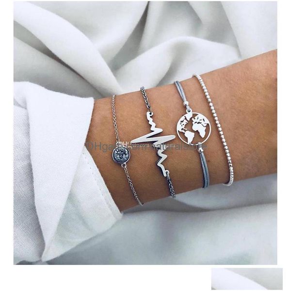 Charm Bracelets Heartbeat Bracelet World Map Alloy Ecg Mtilayer Wrap Conjunto de joyería de moda Will And Sandy Drop Delivery Dhtin