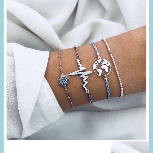 Pulseras con dijes Pulsera con latidos del corazón Pulseras con mapa del mundo Aleación Ecg Mtilayer Wrap Conjunto de joyas de moda Entrega directa DHVCH