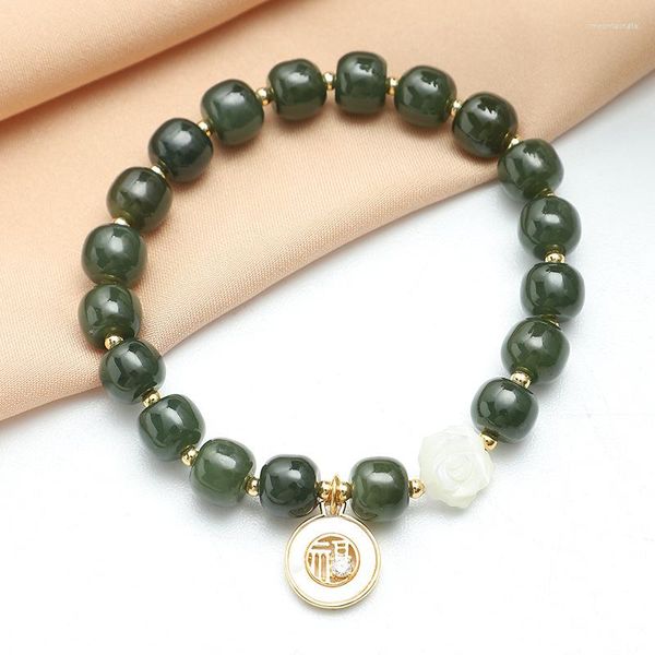 Pulseras con dijes Hetian Jade Fu Carácter Pulsera de plata esterlina Mujer Estilo chino Elegante Agraciado Alto Sentido Nicho Diseño Joyería de mano