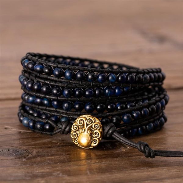 Pulseras con dijes de gama alta con cuentas de ojo de tigre azul, pulsera de 5 vueltas, envoltura de cuero bohemio, brazalete bohemio, regalo para amigos, DropCharm