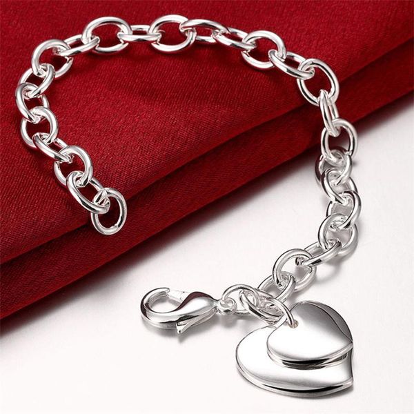 Bracelets porte-bonheur haute qualité 925 ruban bijoux de mode Double-coeur homard-griffe-fermoirs Bracelet pour femmes filles cadeau romantique