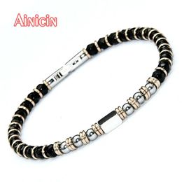 Bracelets de charme de haute qualité Agate à facettes noires perles rondes Bracelet en acier inoxydable pour bijoux pour hommes de mode 231009