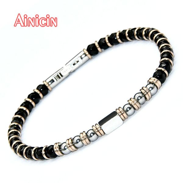 Bracelets de charme de haute qualité Agate à facettes noires Perles rondes Bracelet en acier inoxydable pour bijoux pour hommes de mode 230907