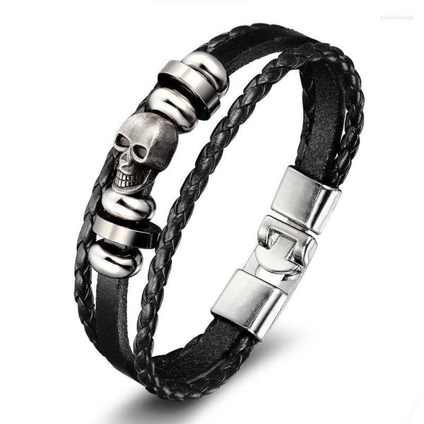 Bracelets porte-bonheur de haute qualité pour hommes, bracelet enroulé en cuir, mode Punk, cire Poker étoile crâne corde, bijoux