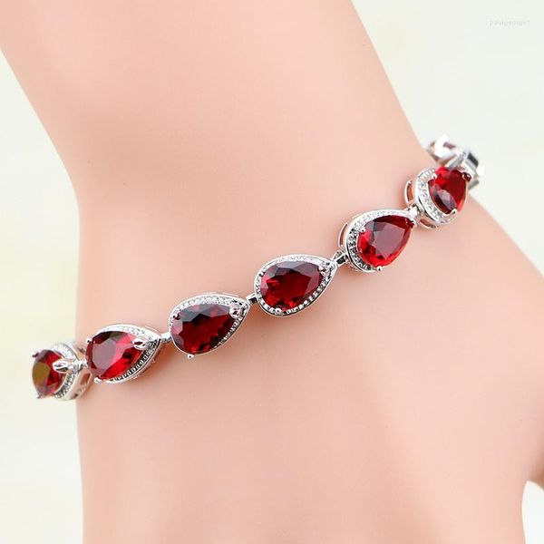 Pulseras con dijes Agua Dorp de alta calidad Granate rojo Color plata Joyas Pulsera Regalos de Navidad para mujeres Caja de regalo gratis S031