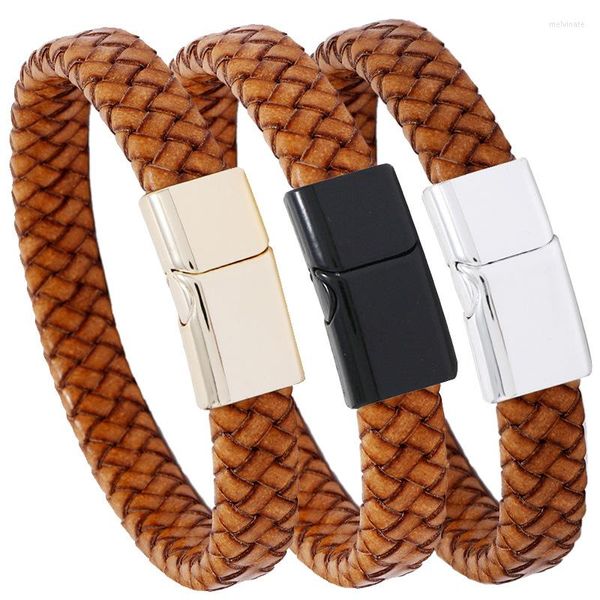 Pulseras con dijes de alta calidad de cuero Pu amarillo trenzado pulsera artesanal joyería conector magnético de moda Material de aleación regalo hombres mujeres