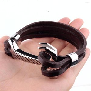 Bedelarmbanden hiphop roestvrij staal gepolijste hamer bruin echt lederen armband polsband heren jongens sieraden kerstcadeau 8.66inch