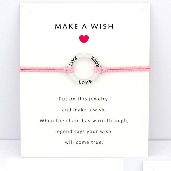 Pulseras con dijes Hope Faith Love Best Friend Card Pink Grey Blue Wax Cords Mujeres Hombres Chica Joyería Regalo Drop Delivery Dhn6B