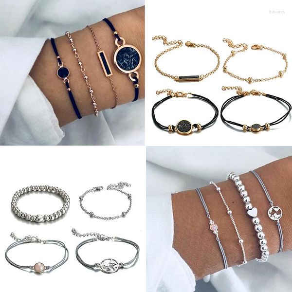 Pulseras con dijes HuaTang 4 Uds. Boho perlas amor corazón pulsera conjunto multicapa geométrico mapa hebra cuentas para mujeres niñas brazalete joyería