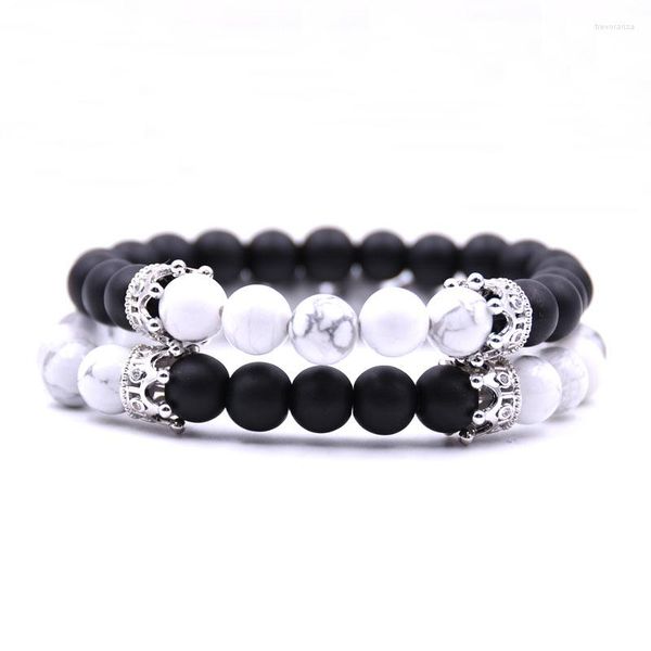 Pulseras con dijes HYHONEY 2 unids/set pareja joyería piedra Natural 8mm cuentas para mujeres Pave CZ corona pulsera hombres Pulseiras