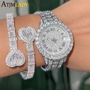 Charme Bracelets Iced Out Bling Ouvert Baguette CZ Coeur Bracelet Or Argent Carré Bracelet Pour Hommes Femmes De Luxe Hiphop Bijoux 221105