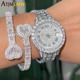 Pulseras con dijes Iced Out Bling Abierto Sparking CZ Heart Pulsera Color Plata Square Charm Brazalete para hombres Mujeres Joyería de lujo Hiphop 230306