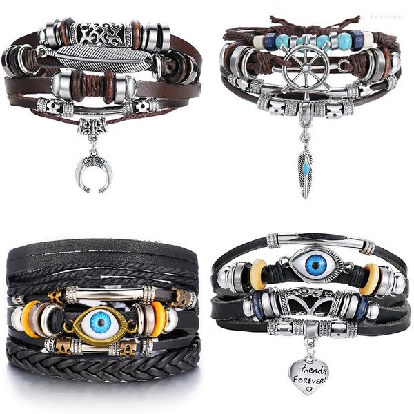 Pulseras con abalorios IF ME, pulsera de cuero multicapa ajustable a la moda para hombre, cuerda envolvente hecha a mano para hombre, conjunto de plumas de hoja de cuerno, brazaletes, joyería