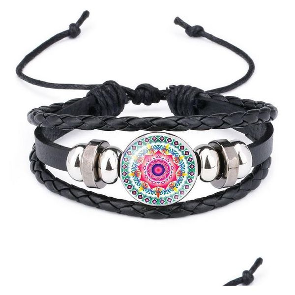 Pulseras de encanto Mandala Indian Mandala Flower for Women Budismo Meditación Cabochon Cabochon Cuero Rope Bangle Mens Drop entrega Judio Dhd3t