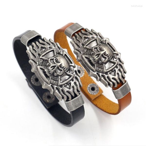 Pulseras con abalorios, pulsera Punk individual de acero inoxidable para hombre, aleación gótica, llama, Calavera, hebilla secundaria, joyería de cuero