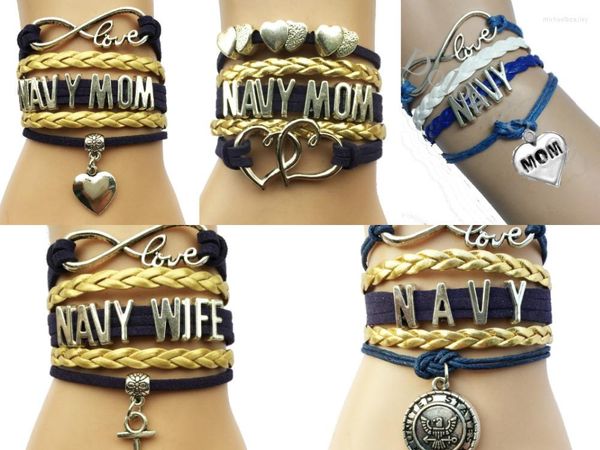 Pulseras con dijes Infinity Love Navy/Navy Mom/Navy Wife, pulseras hechas a mano de cuero de ante, corazón, carrera, pulsera de Navidad, regalo familiar