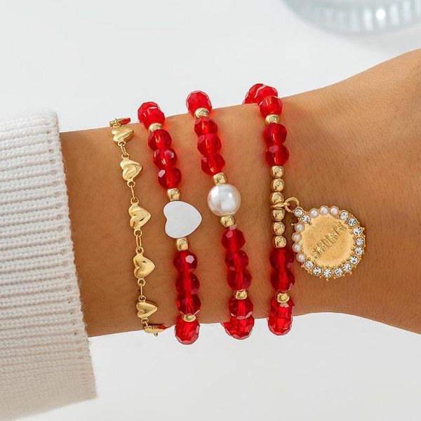 Bracelets porte-bonheur IngeSight.Z 4 pièces/ensemble luxe cristal rouge coeur perles Bracelet pour femme Punk or couleur strass pièce pendentif