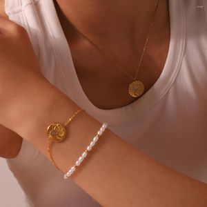 Bracelets de charme INS Trendy 18 carats plaqué or en acier inoxydable pierre de verre soleil lune pendentif collier bracelet pour femmes collier de texture