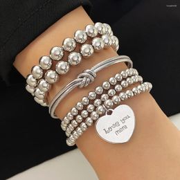 Bracelets de charme IPARAM Couleur Argent Bracelet de perles élastiques pour femmes Hommes Pendentif coeur Noué Ouverture Set Bijoux de mode Cadeaux