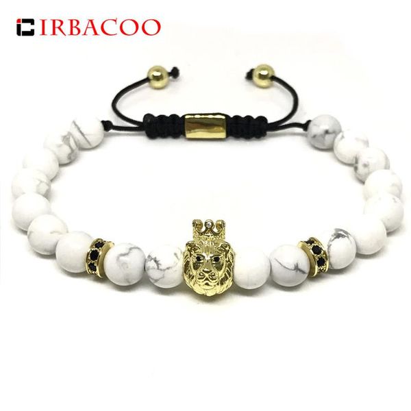 Bracelets de charme IRBACOO Mode Hommes Bracelet Noir Blanc Marbre 8mm Pierre Naturelle Macramé avec Lion pour Bijoux Cadeau