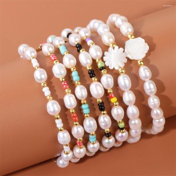 Bracelets porte-bonheur perles blanches irrégulières perles Bracelet coquillage d'eau douce fleur femmes petite entretoise graine réglable