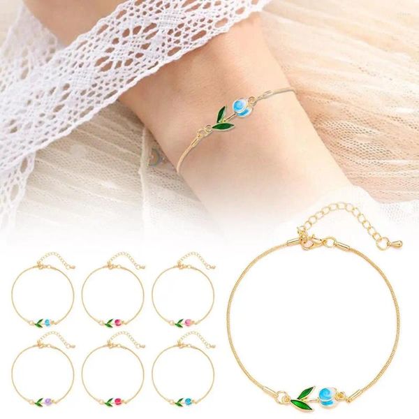 Bracelets de charme Japon Corée Élégant Tulip Rose Bracelet Pour Femmes Filles Doux Coloré Fleur Or Couleur Chaîne En Métal Esthétique Je Z6k4