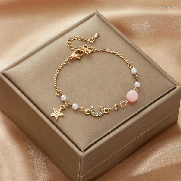 Pulseras de encanto Japón Corea Estrella Luna Pulsera para mujeres Niñas Moda Rosa Cristal Cadena de perlas Venta al por mayor Diseñador Joyería Regalo de fiesta