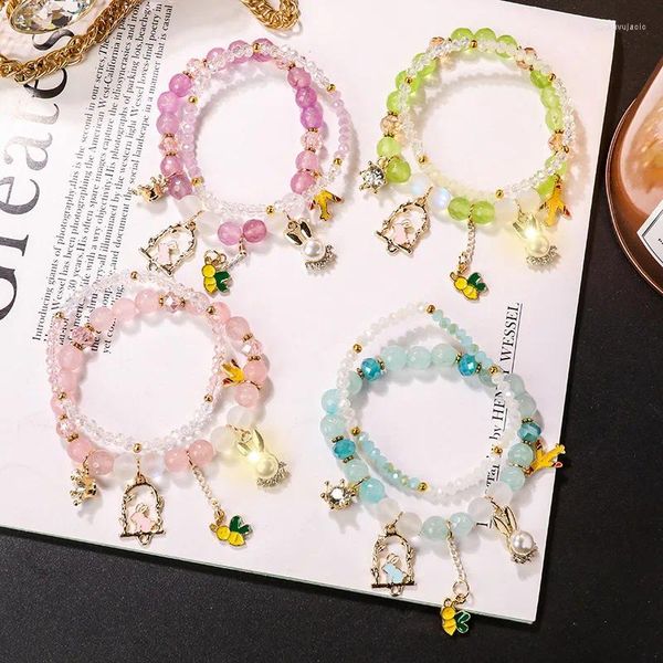 Bracelets porte-bonheur Style japonais et coréen, frais, mignon, perlé, cristal, pour filles, Double couche, bijoux pour femmes