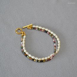 Bracelets porte-bonheur japonais et coréen été frais grain de riz d'eau douce couleur perle tourmaline vraie pierre perlée bracelet double couche