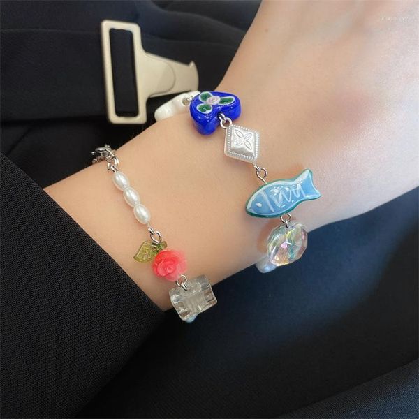 Bracelets porte-bonheur dessin animé japonais couleur poisson coeur perlé couture Bracelet pour femmes mignon amusant tendance décontracté mode bijoux cadeau